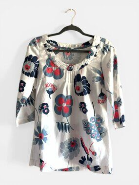 Boden White Floral Scoop Neck Linen Tunic Top US Sz 4